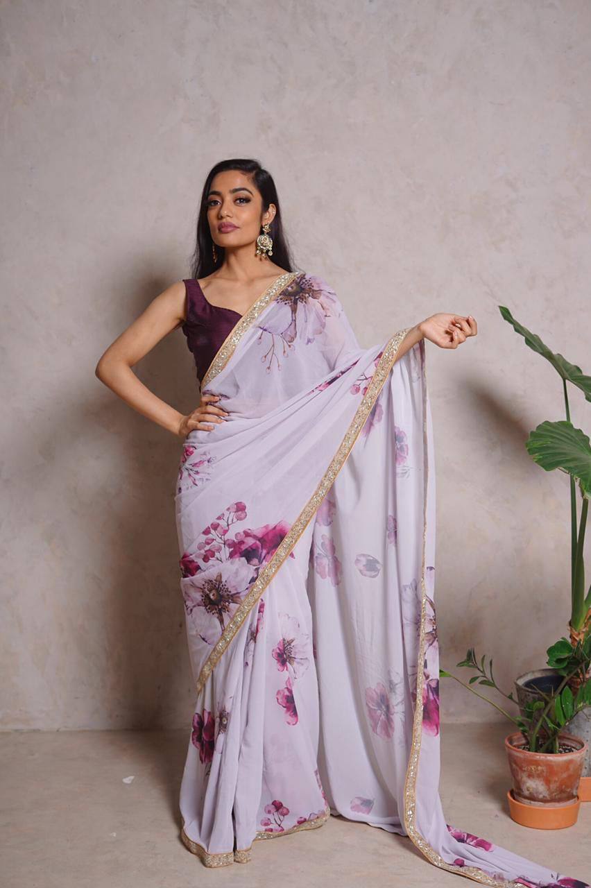 Lavender Digital Print Georgette Saree with Lace Border purple Blouse