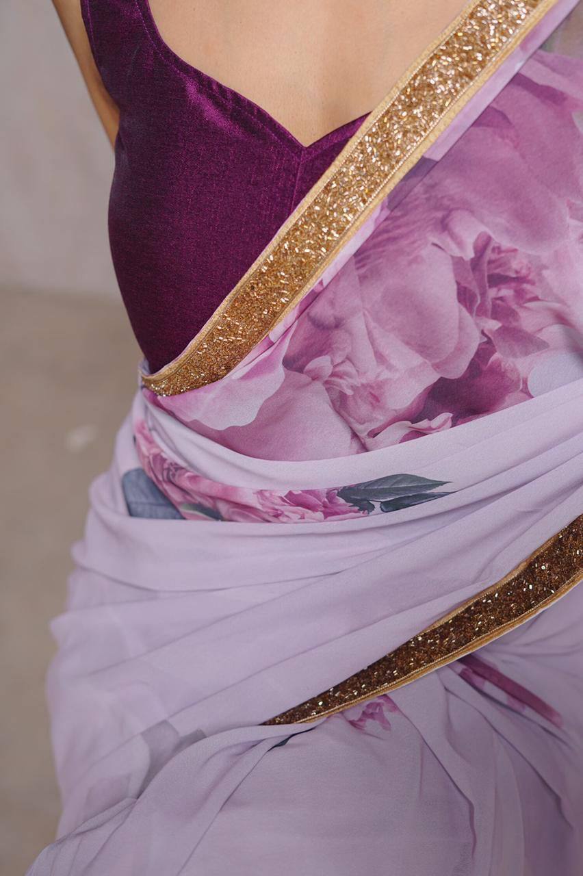 Lavender Digital Print Georgette Saree with Lace Border purple Blouse
