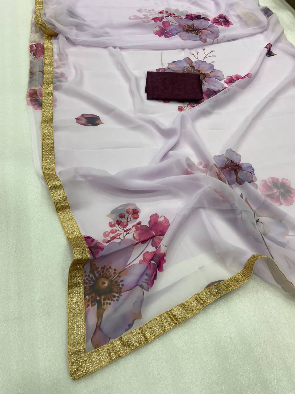 Lavender Digital Print Georgette Saree with Lace Border purple Blouse