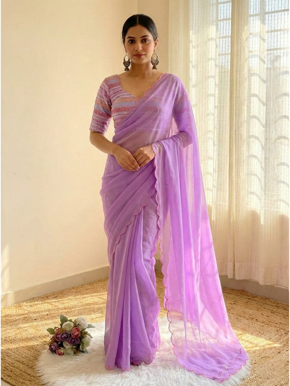 Lavender Georgette Aari Embroidery Border Saree with Work Blouse