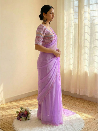 Lavender Georgette Aari Embroidery Border Saree with Work Blouse