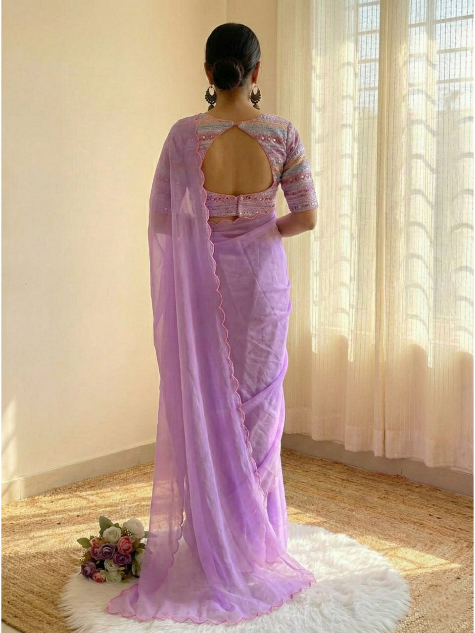 Lavender Georgette Aari Embroidery Border Saree with Work Blouse