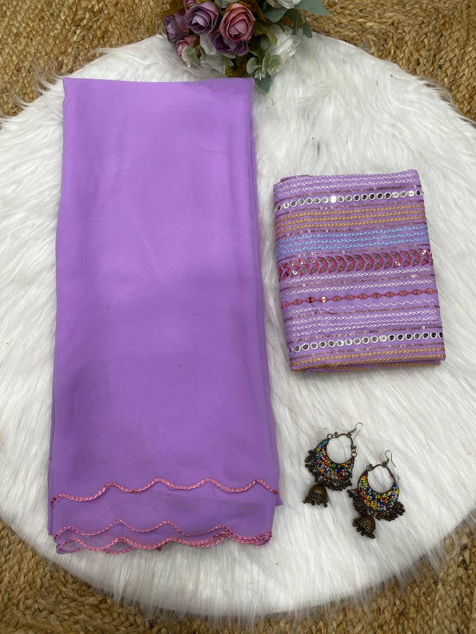 Lavender Georgette Aari Embroidery Border Saree with Work Blouse