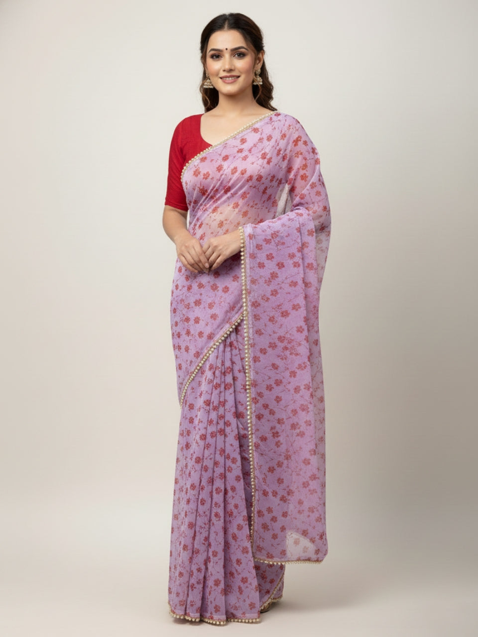 Lavender Georgette Digital Print Saree with Moti Lace Border & Blouse