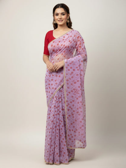 Lavender Georgette Digital Print Saree with Moti Lace Border & Blouse