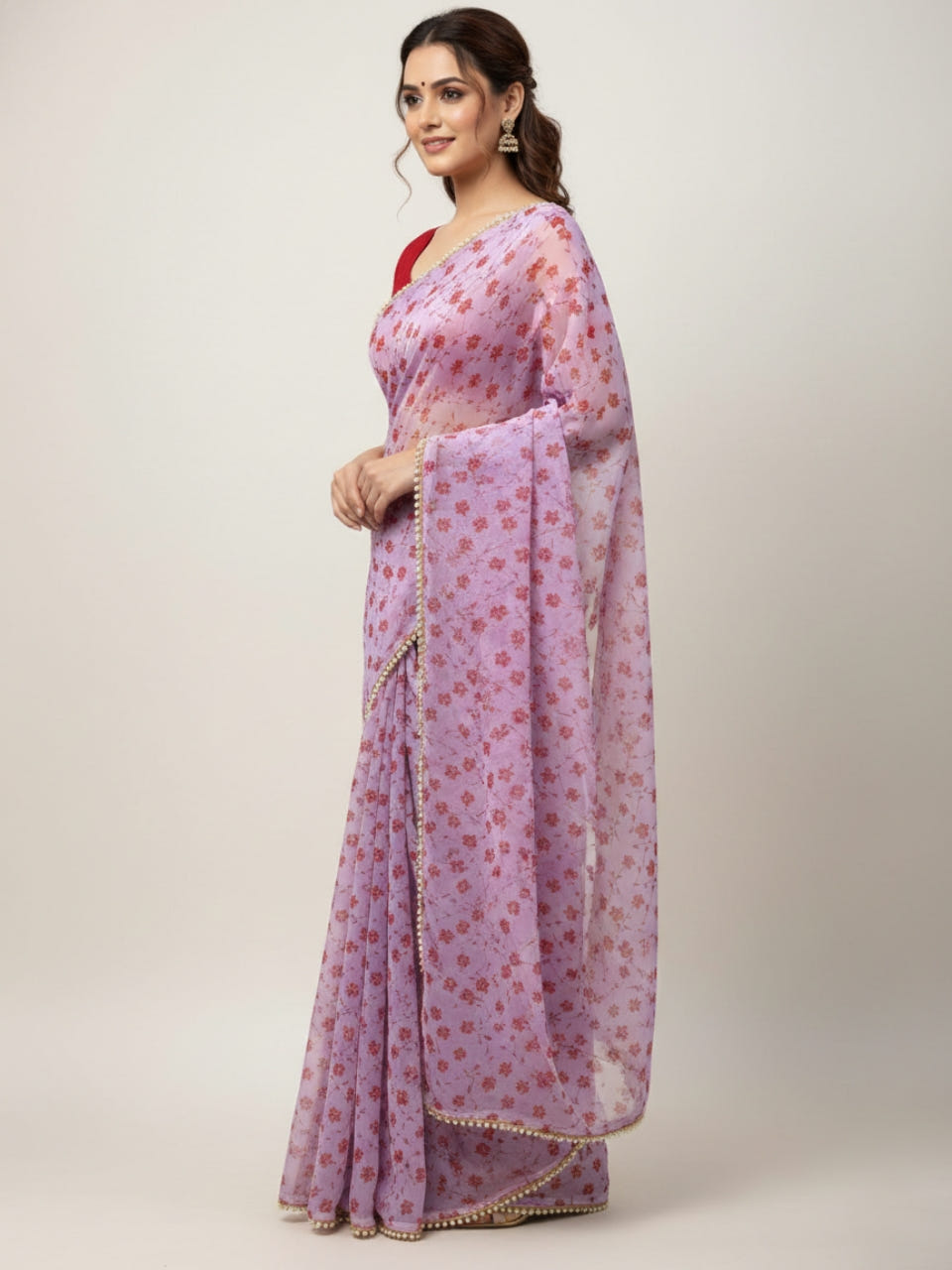 Lavender Georgette Digital Print Saree with Moti Lace Border & Blouse