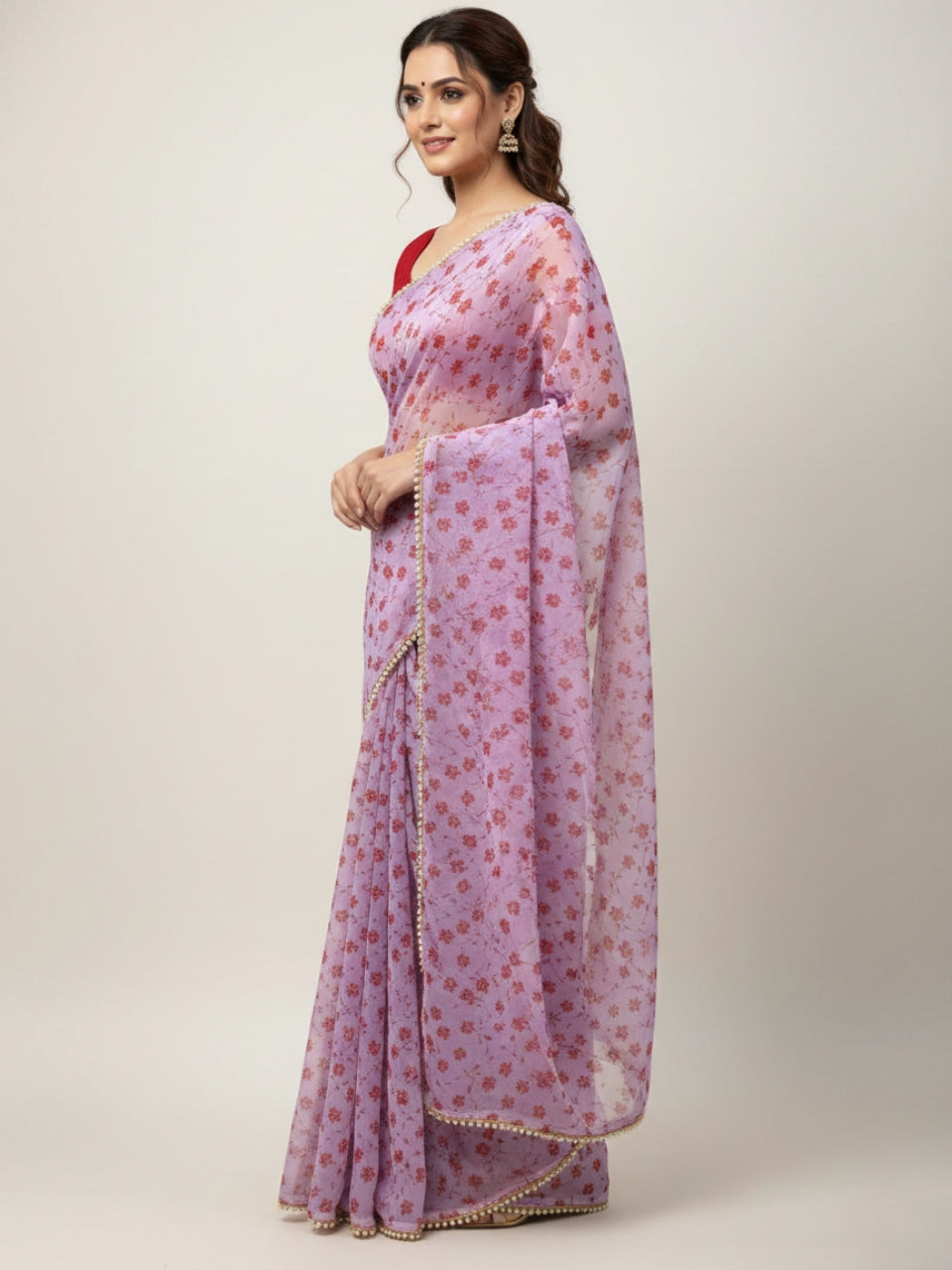 Lavender Georgette Digital Print Saree with Moti Lace Border & Blouse