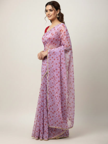 Lavender Georgette Digital Print Saree with Moti Lace Border & Blouse