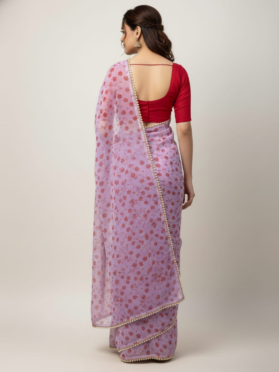 Lavender Georgette Digital Print Saree with Moti Lace Border & Blouse