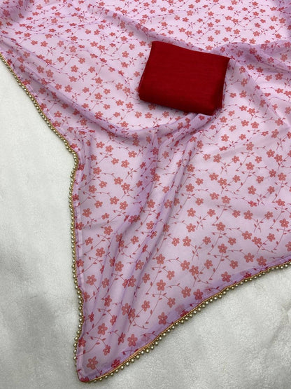 Lavender Georgette Digital Print Saree with Moti Lace Border & Blouse