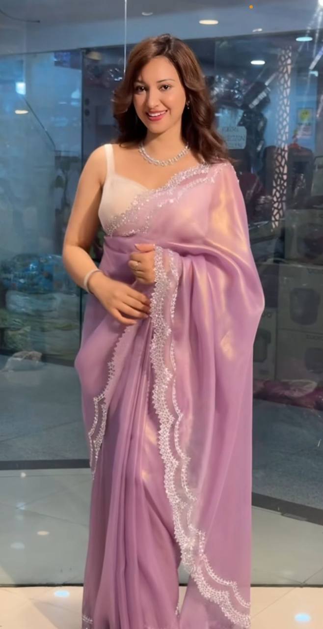 Lavender Jimmy Choo Satin Saree with Diamond Border & Banglori Blouse