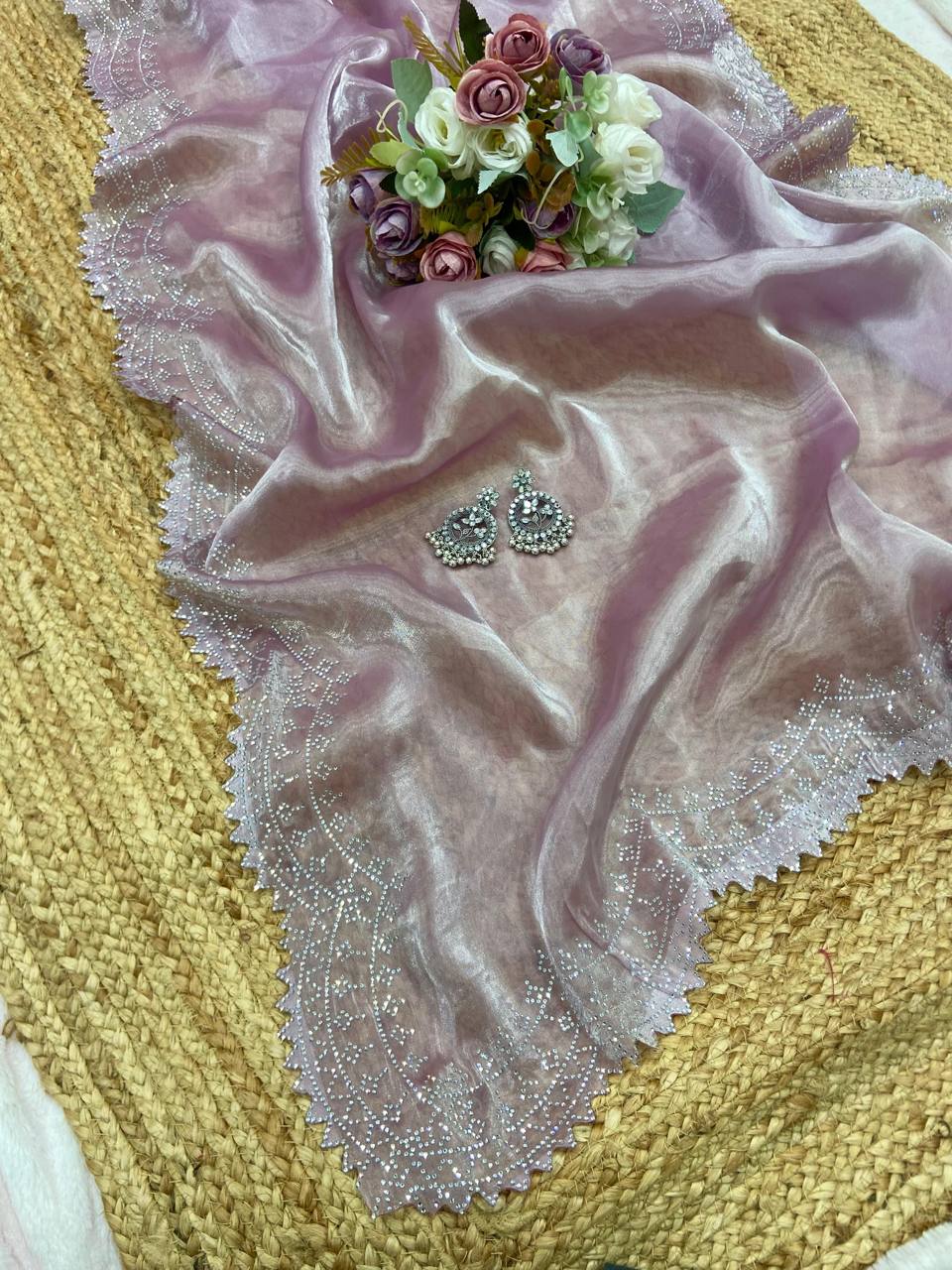 Lavender Jimmy Choo Satin Saree with Diamond Border & Banglori Blouse