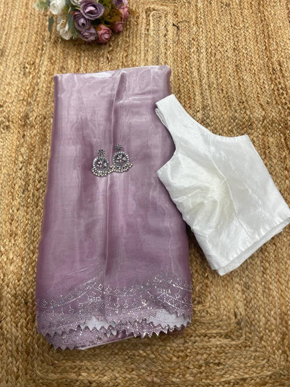 Lavender Jimmy Choo Satin Saree with Diamond Border & Banglori Blouse