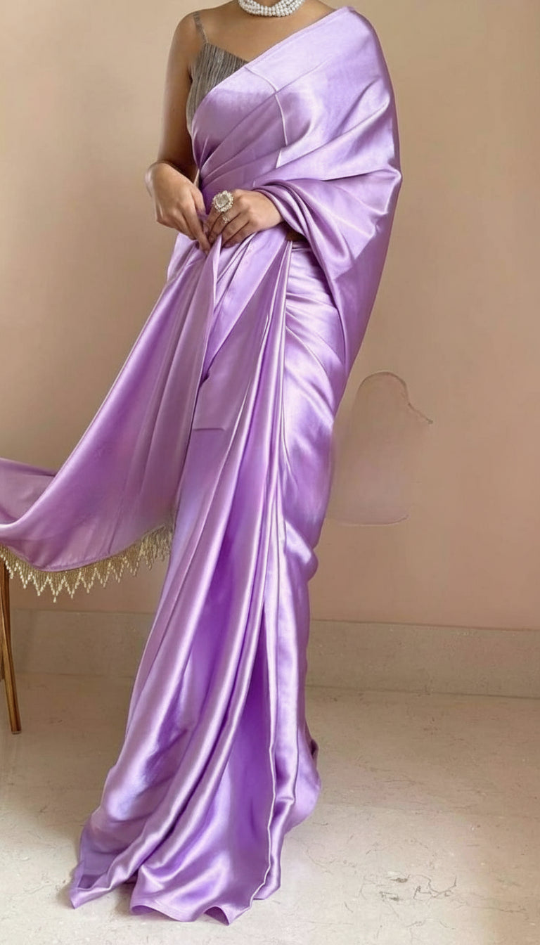Lavender Lalic Satin Saree with Contrast Malbari Weaving Blouse