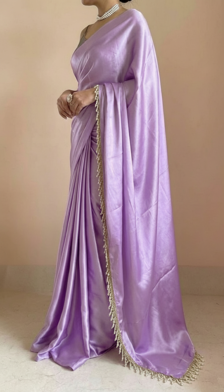 Lavender Lalic Satin Saree with Contrast Malbari Weaving Blouse