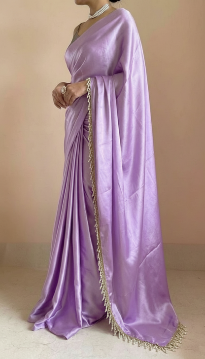 Lavender Lalic Satin Saree with Contrast Malbari Weaving Blouse