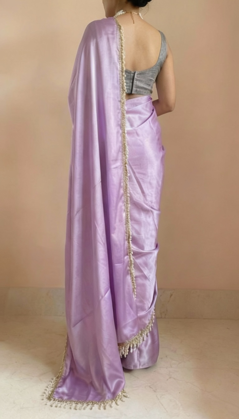Lavender Lalic Satin Saree with Contrast Malbari Weaving Blouse