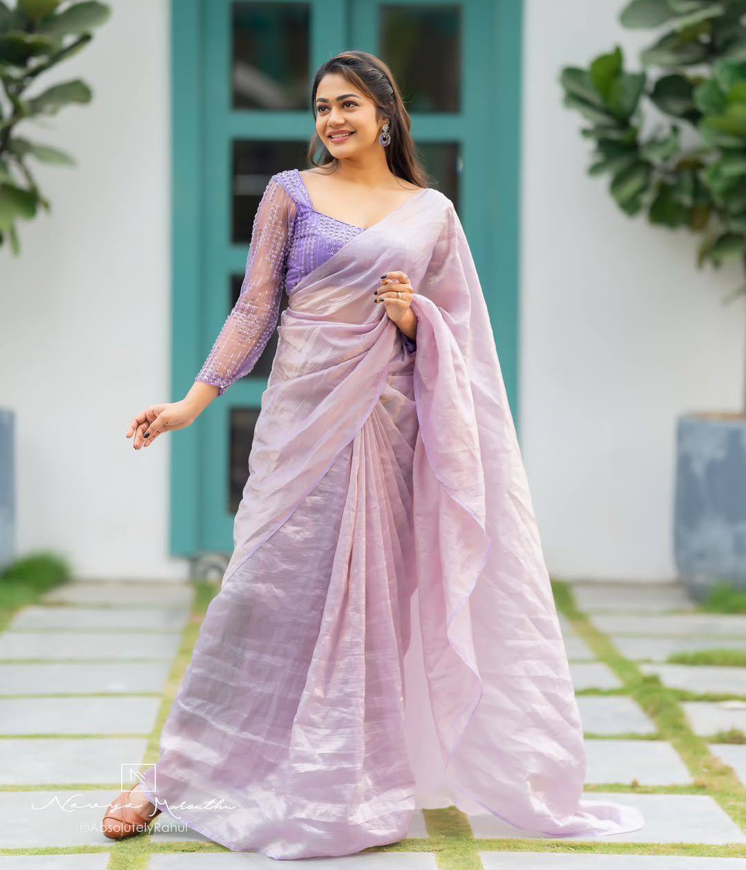 Lavender Lilac Crush Saree with Double Handwork & Designer Net Blouse