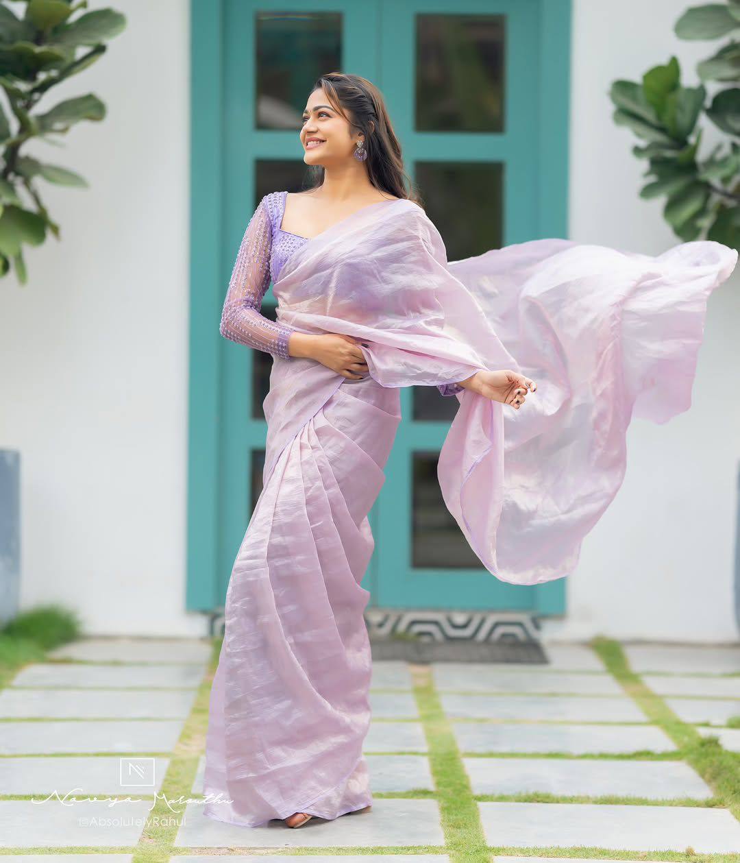 Lavender Lilac Crush Saree with Double Handwork & Designer Net Blouse