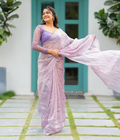 Lavender Lilac Crush Saree with Double Handwork & Designer Net Blouse
