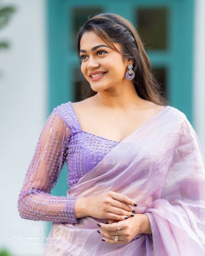 Lavender Lilac Crush Saree with Double Handwork & Designer Net Blouse