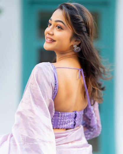 Lavender Lilac Crush Saree with Double Handwork & Designer Net Blouse