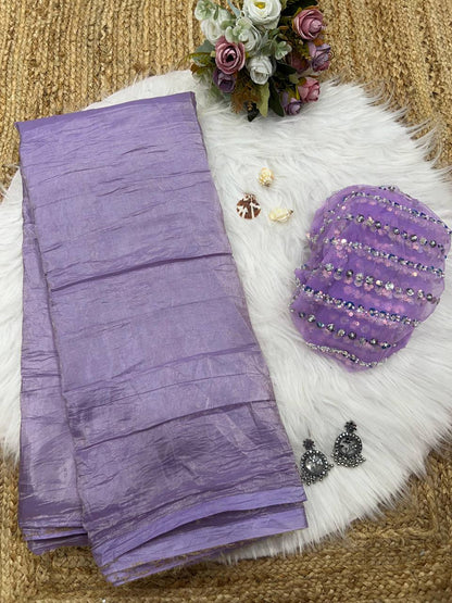 Lavender Lilac Crush Saree with Double Handwork & Designer Net Blouse