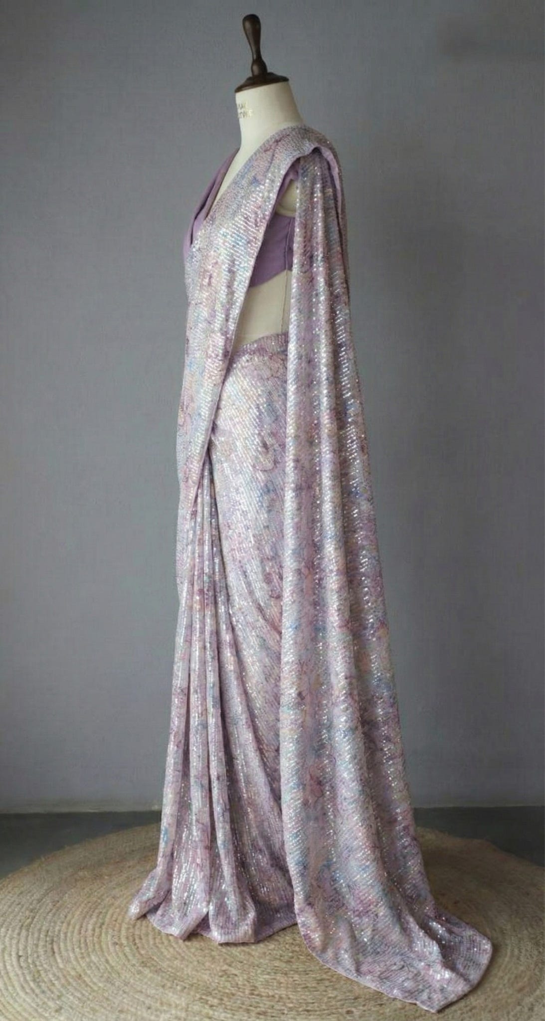 Lavender Lilac Georgette Digital Print Saree with Full Sequins Border