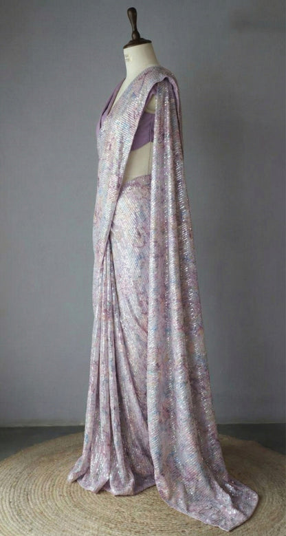 Lavender Lilac Georgette Digital Print Saree with Full Sequins Border
