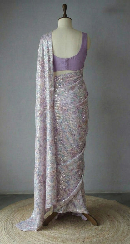 Lavender Lilac Georgette Digital Print Saree with Full Sequins Border