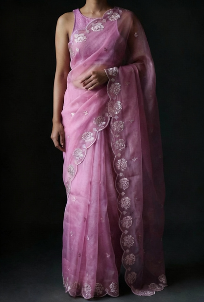 Lavender Pure Organza Saree with Sequins Embroidery Border Work Blouse