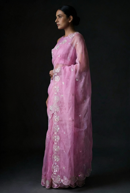 Lavender Pure Organza Saree with Sequins Embroidery Border Work Blouse