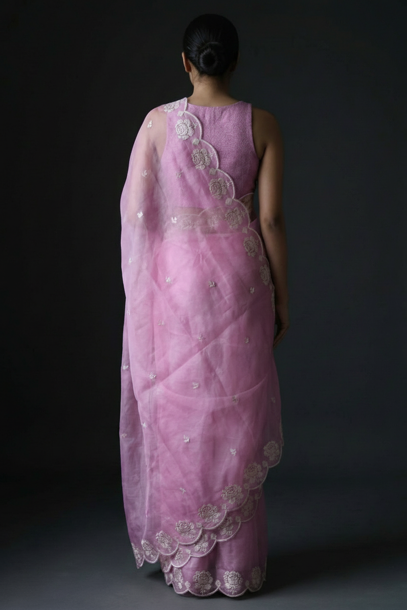 Lavender Pure Organza Saree with Sequins Embroidery Border Work Blouse