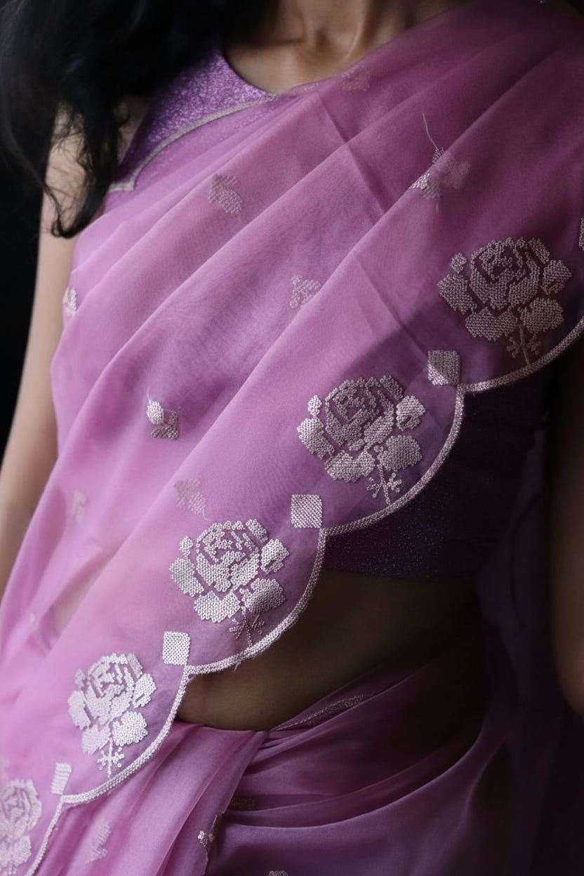 Lavender Pure Organza Saree with Sequins Embroidery Border Work Blouse
