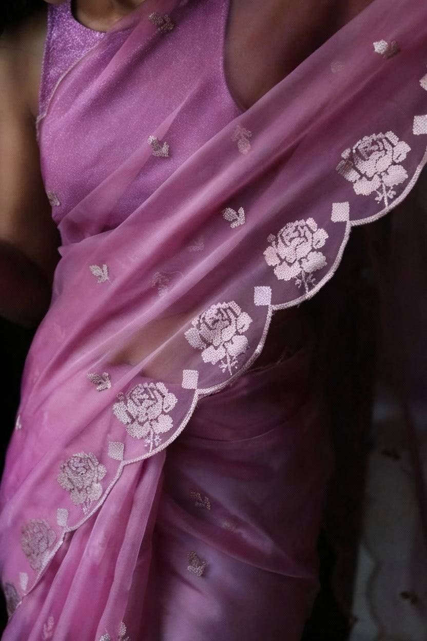 Lavender Pure Organza Saree with Sequins Embroidery Border Work Blouse