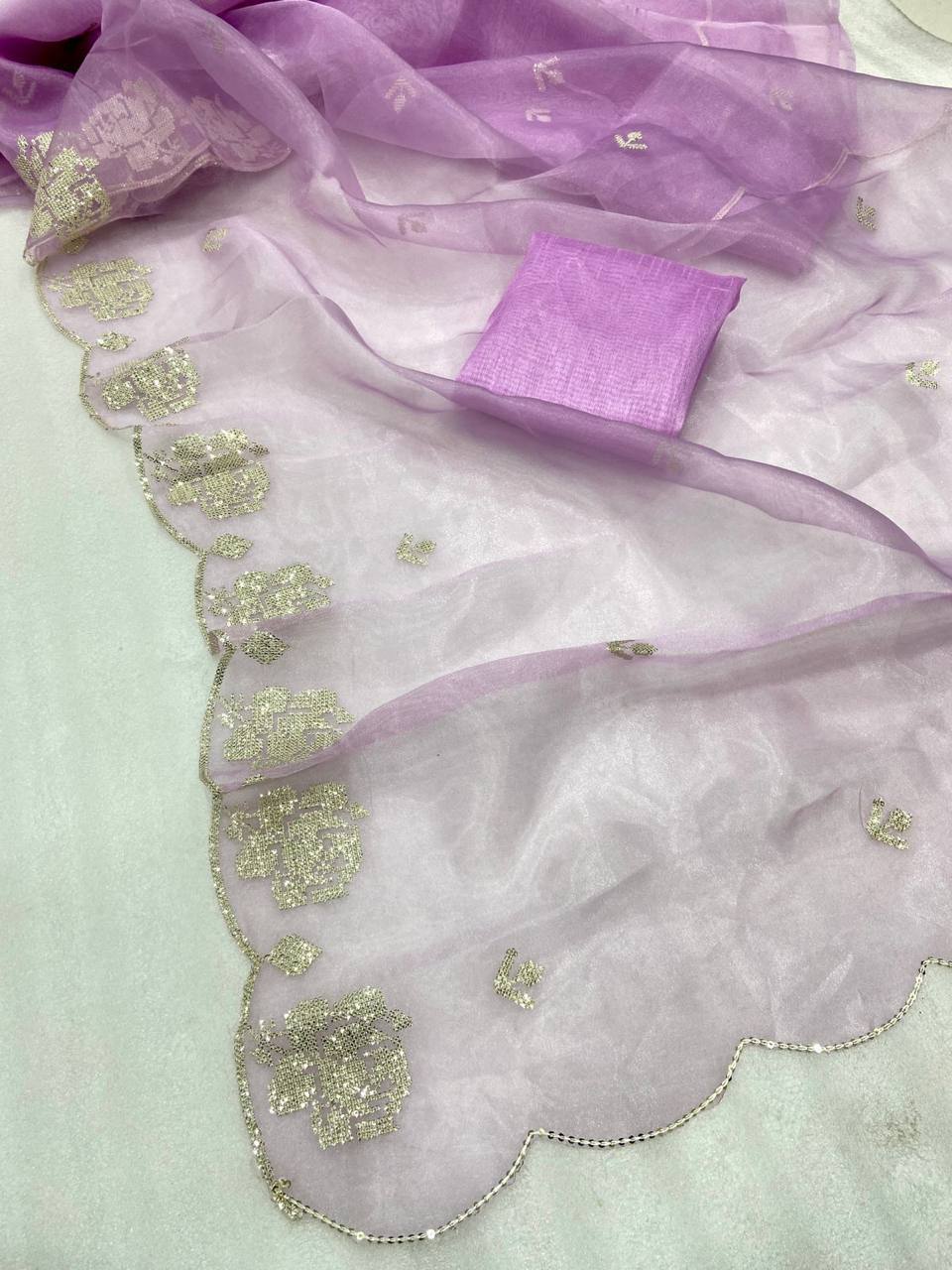 Lavender Pure Organza Saree with Sequins Embroidery Border Work Blouse