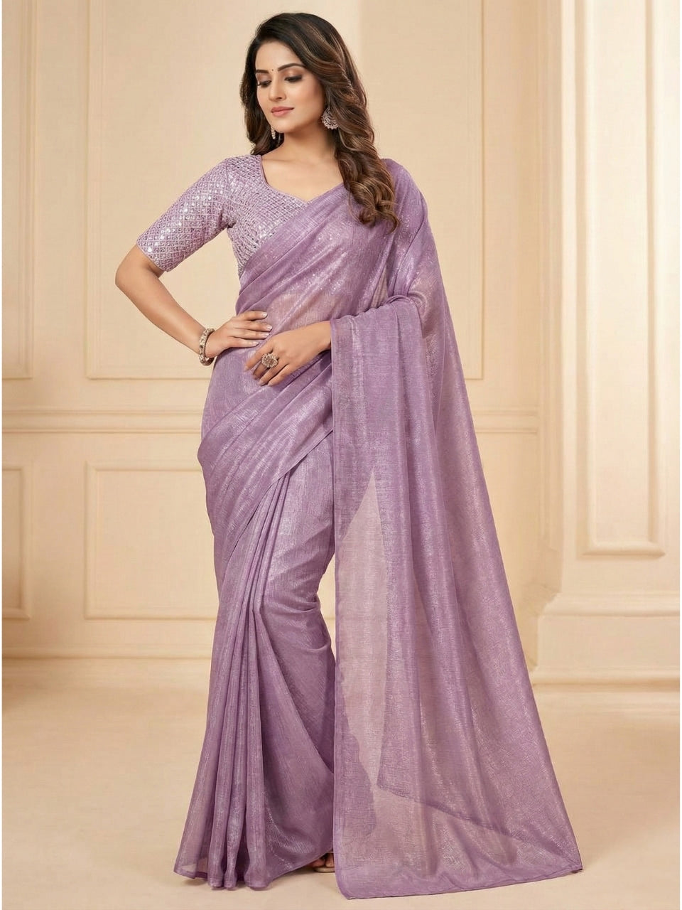 Lavender Rasmalai Silk Saree with Contrast Net Embroidered Blouse