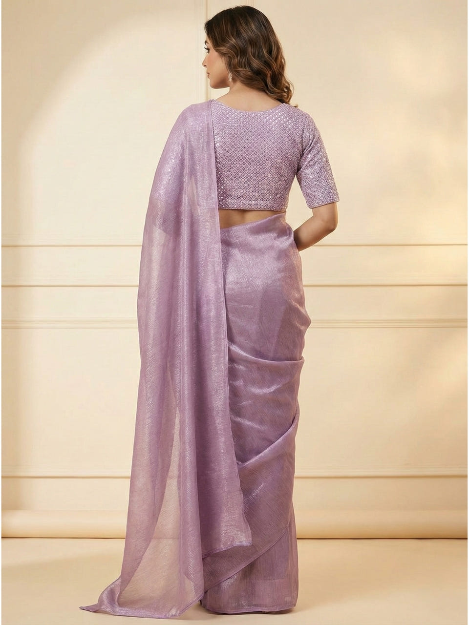Lavender Rasmalai Silk Saree with Contrast Net Embroidered Blouse