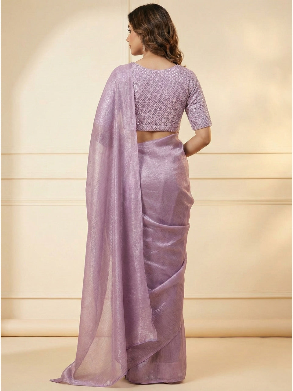 Lavender Rasmalai Silk Saree with Contrast Net Embroidered Blouse