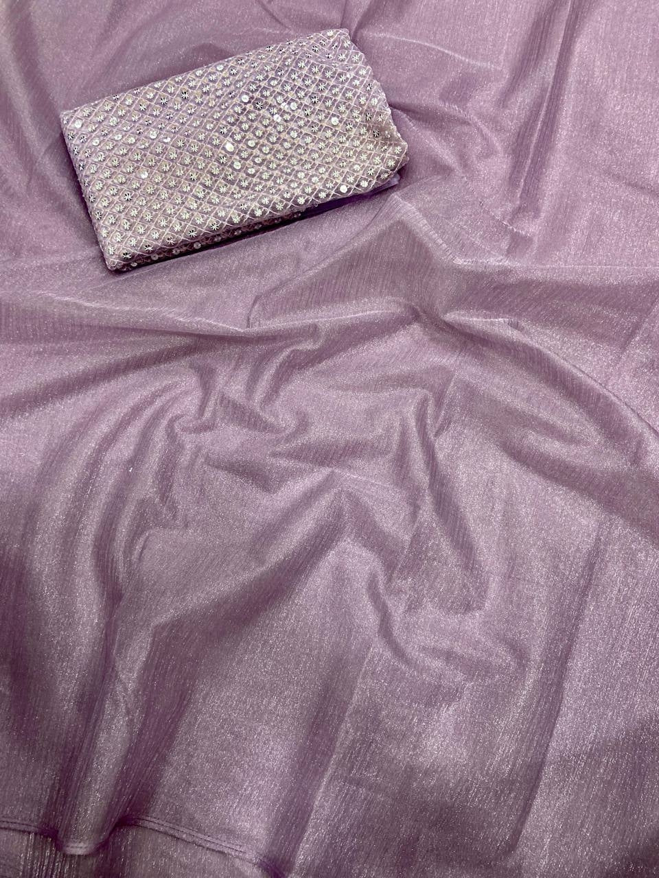 Lavender Rasmalai Silk Saree with Contrast Net Embroidered Blouse