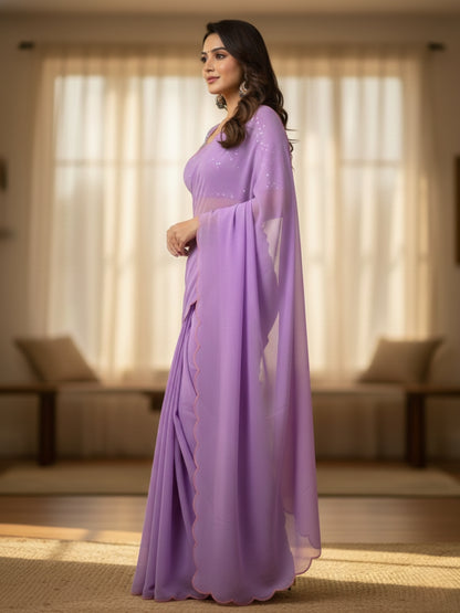 Lavender Smooth Georgette Saree with Aari Border & Embroidery Blouse