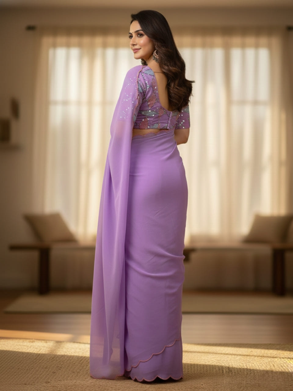 Lavender Smooth Georgette Saree with Aari Border & Embroidery Blouse