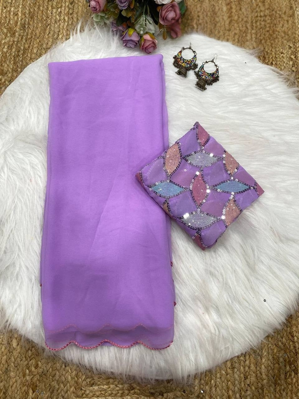 Lavender Smooth Georgette Saree with Aari Border & Embroidery Blouse