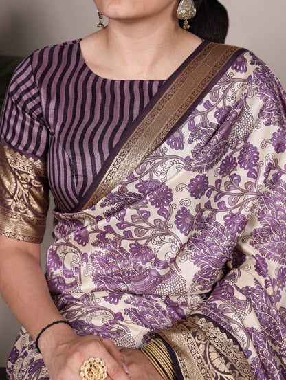 Lavender Tasar Silk Printed Saree with Viscose Border & Matching Blouse