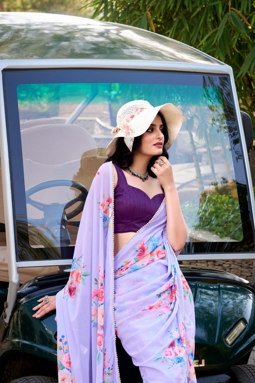 Lavender Weightless Marble Floral Print Saree with Pearl Lace Border