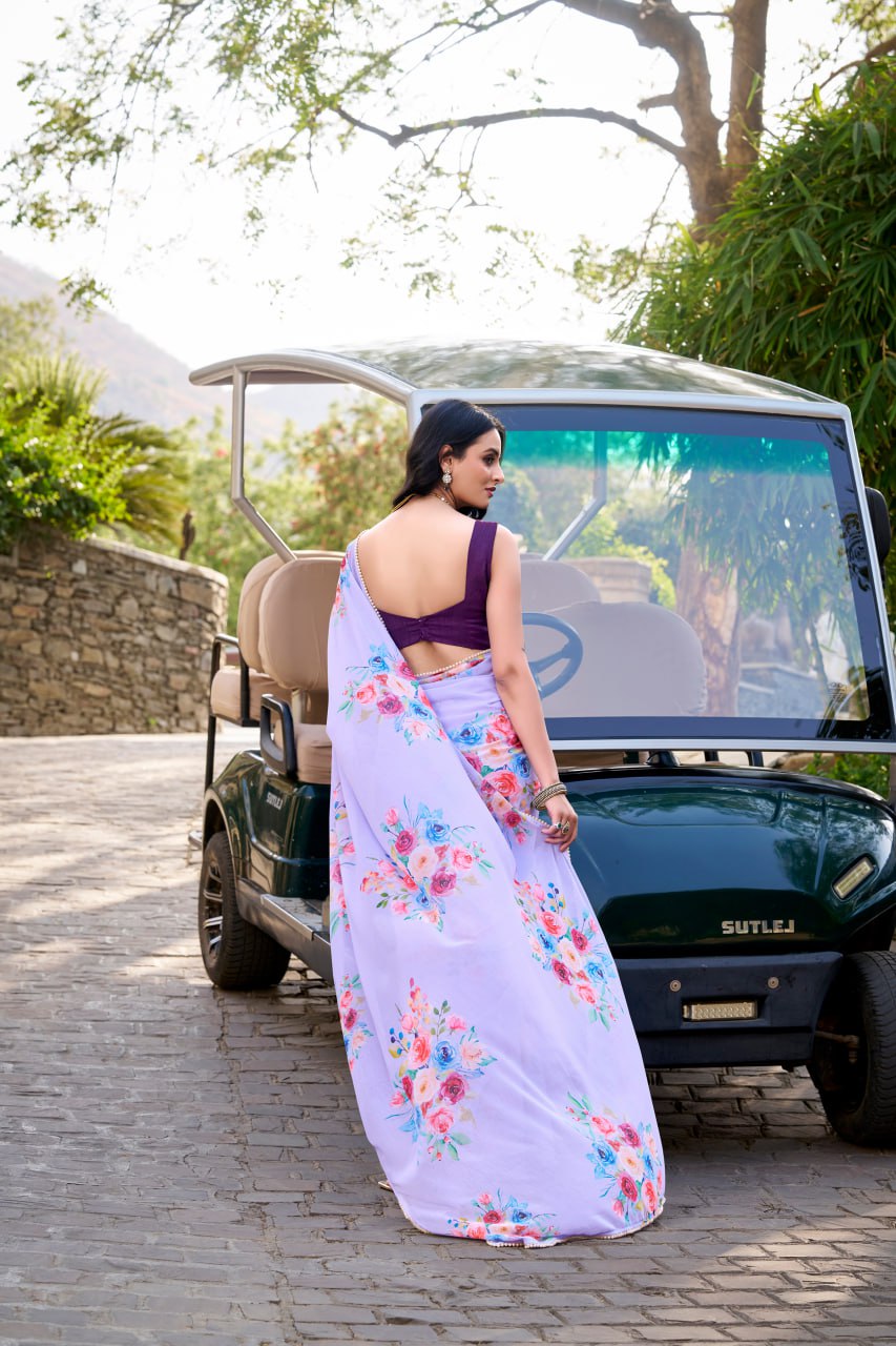 Lavender Weightless Marble Floral Print Saree with Pearl Lace Border