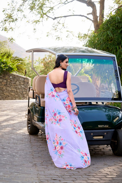 Lavender Weightless Marble Floral Print Saree with Pearl Lace Border