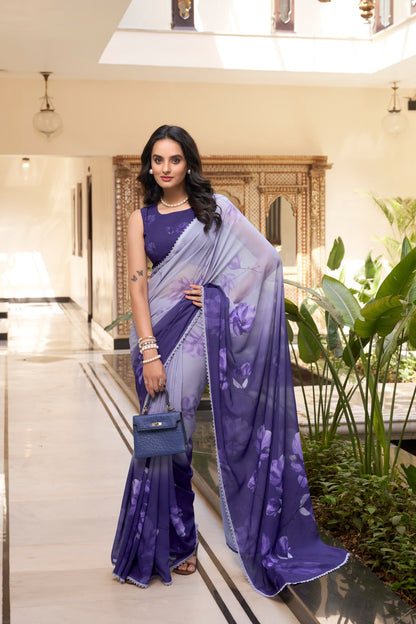 Lavender Weightless Marble Printed Saree with Floral Design Lace Border