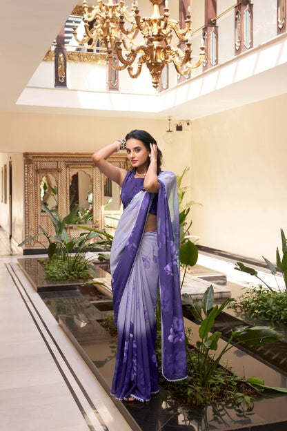 Lavender Weightless Marble Printed Saree with Floral Design Lace Border