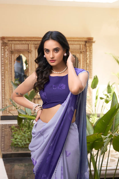 Lavender Weightless Marble Printed Saree with Floral Design Lace Border